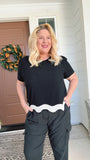 Black and White Linen Blend Scalloped Hem Top