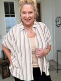 Woven Yarn-Dye Stripe Oversized Button Down Shirt in Tan and Black