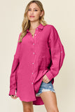 Full Size Pocketed All Cotton Gauze Texture Button Up Shirt