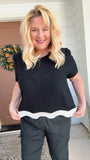 Black and White Linen Blend Scalloped Hem Top