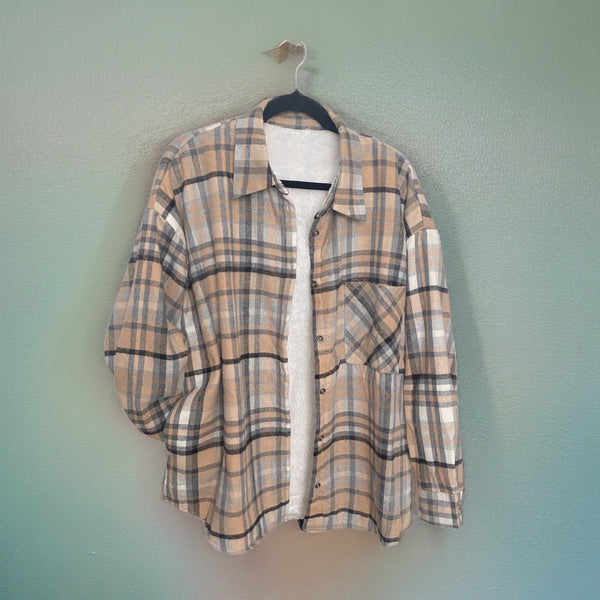 Flannel Shacket Pocket Shirt in Tan and Gray