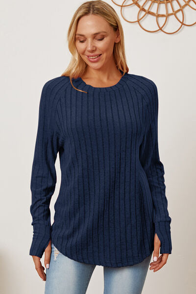 Ribbed Thumbhole Sleeve Lightweight Sweater in Various Colors