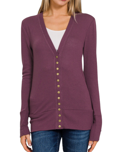 Snappy Dresser Knit Cardigan Sweater in Plum