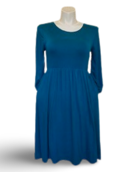 Gathered Waist Pocketed Midi Dress in Teal