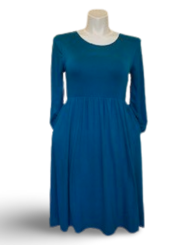 Gathered Waist Pocketed Midi Dress in Teal