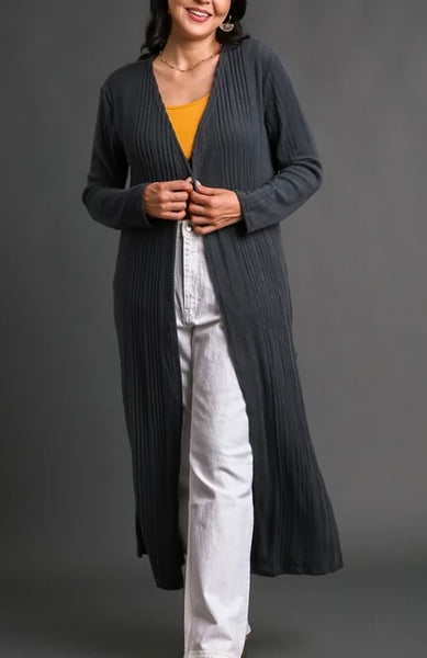 Long Line Ribbed Duster in Steel Blue