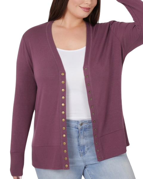 Snappy Dresser Knit Cardigan Sweater in Plum