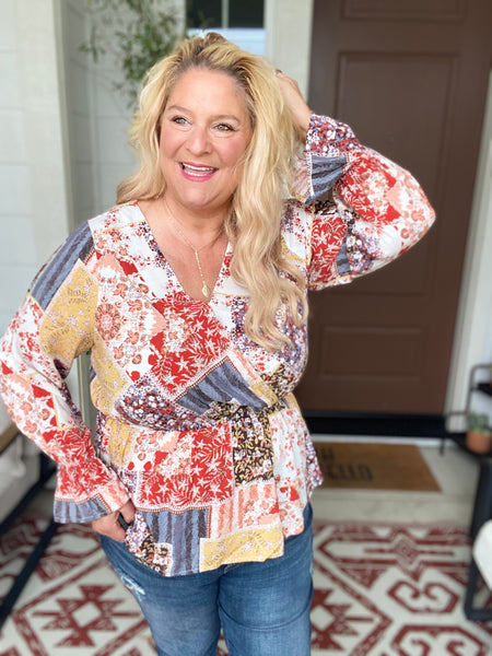 Fall wrap top for women over 40.