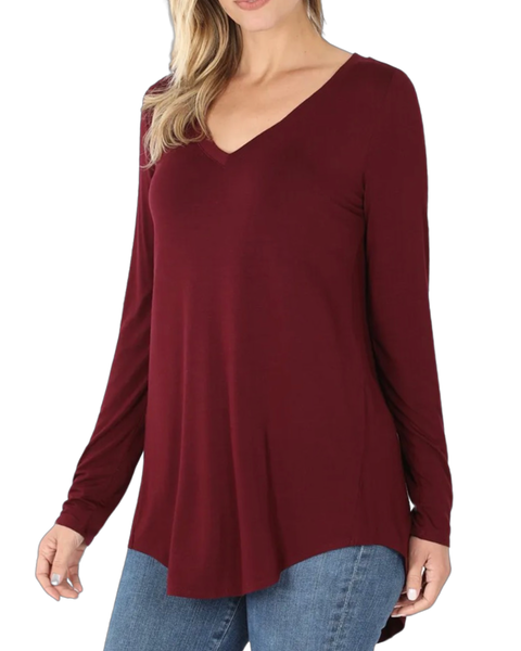 Luxe Fit and Flare Long Leeved Tee in Burgundy