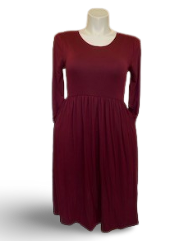 Gathered Waist Pocketed Midi Dress in Burgundy