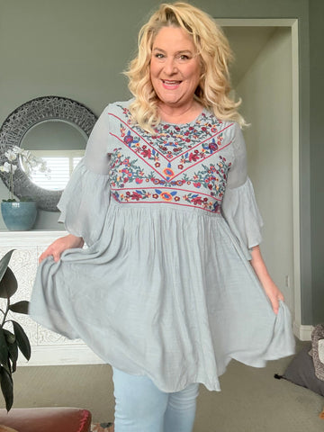 Floral Embroidered 3/4 Bell Sleeve Keyhole Dress Missy and Plus Size