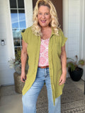 Full Size Raw Hem Button Down Short Sleeve Gauze Shirt Dress Plus Size