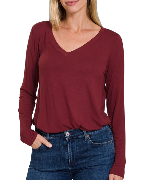 Luxe Fit and Flare Long Leeved Tee in Burgundy