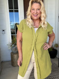 Full Size Raw Hem Button Down Short Sleeve Gauze Shirt Dress Plus Size