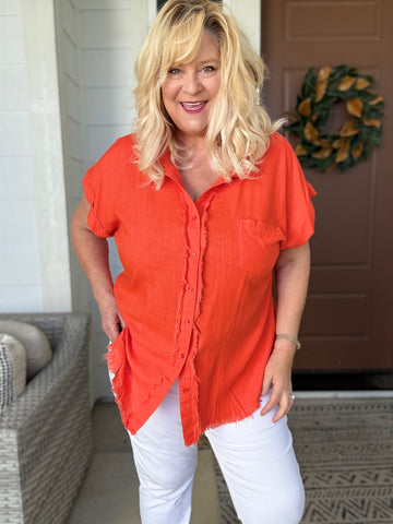 Linen Blend Button Down Short Folded Sleeve Shirt
