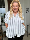 Woven Yarn-Dye Stripe Oversized Button Down Shirt Black and White