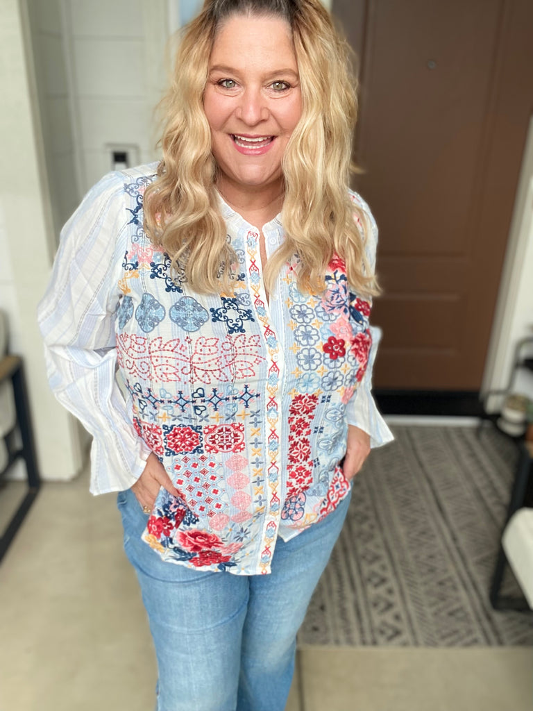 Keep Me In Stitches Embroidered Button Up Blouse