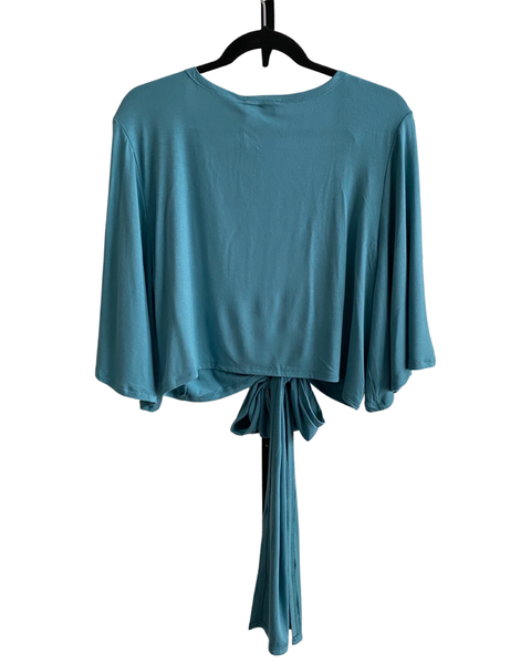 What a Waist Cropped Jersey Wrap Jacket in Light Teal