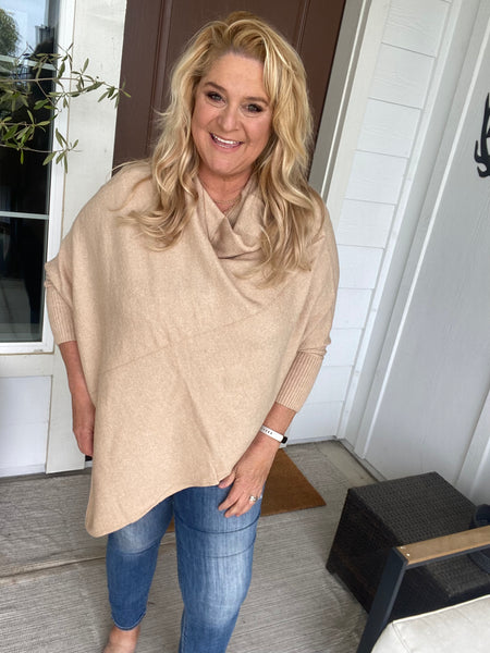 Punch It Up Poncho Sweater in Tan