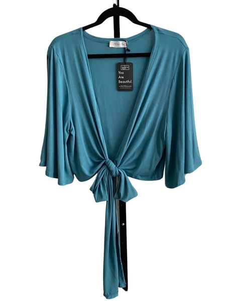 What a Waist Cropped Jersey Wrap Jacket in Light Teal