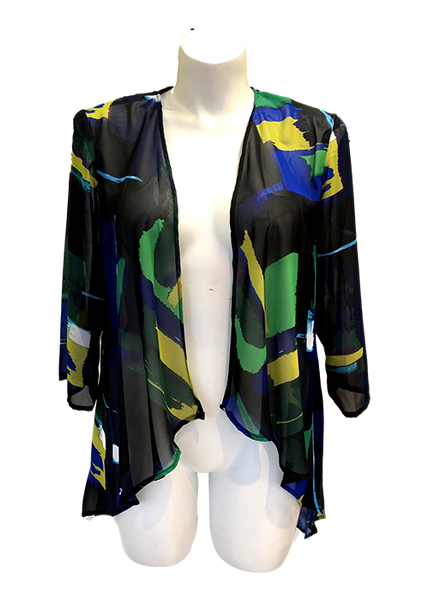 green and gold abstract printed kimono jacket perfect for weddings or vacations for missy and plus size women