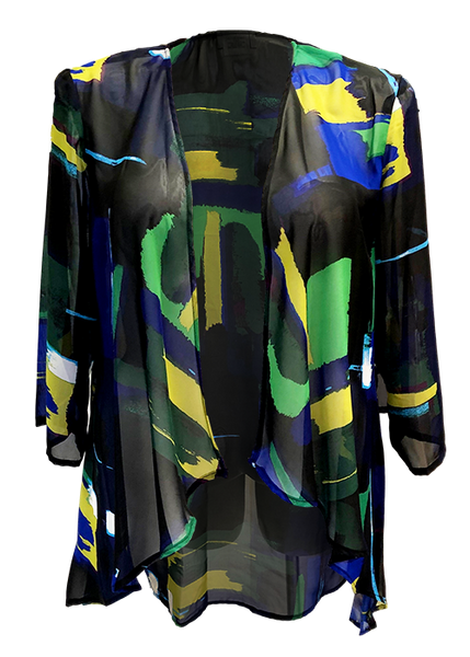 green and gold abstract printed kimono jacket perfect for weddings or vacations for missy and plus size women