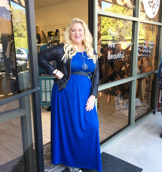 royal blue long sleeved pocketed maxi dress for missy and plus size women perfect for casual or dressy occassions