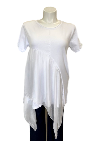 Short Sleeved Viscose and Silk Handkerchief Hem Top in White