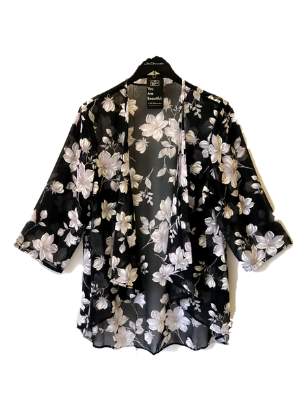 Fly Like a Butterfly Chiffon Kimono Black Jacket with Daisies