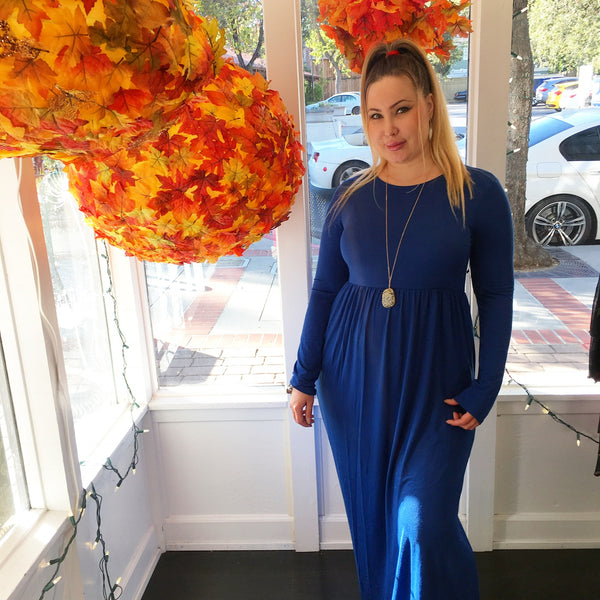 Gathered Waist Pocketed Maxi Dress in Royal Blue