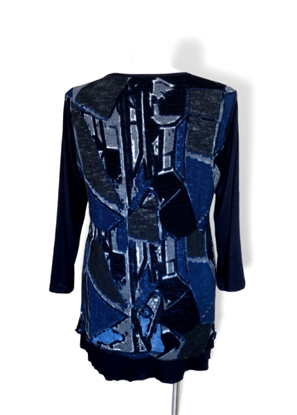 Peel Away My Layers Mesh Overlay Top in Blue Geometric