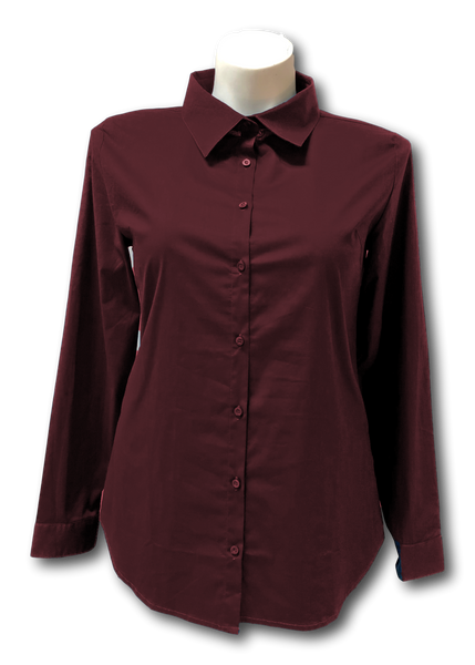 Long Sleeved Stretch Button Up Blouse in Burgundy
