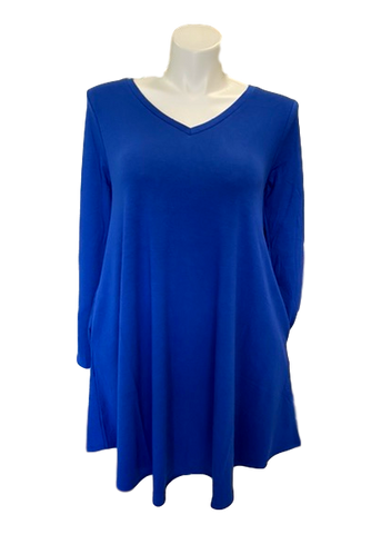 Long Sleeve V-Neck Swing Dress with Pockets in Royal Blue