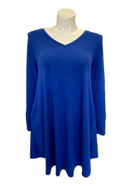 Long Sleeve V-Neck Swing Dress with Pockets in Royal Blue