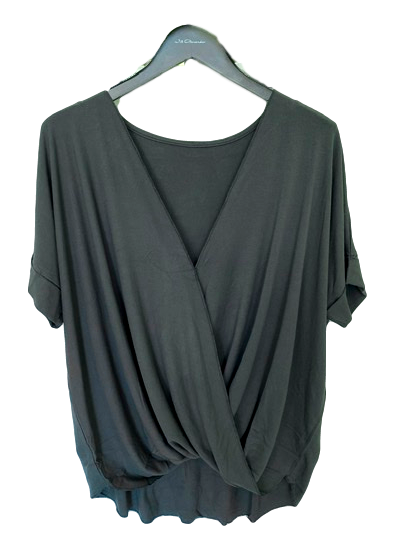 Short Sleeved Rayon Crossover Top in Gray Green