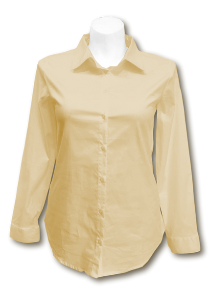 Long Sleeved Stretch Button Up Blouse in Tan
