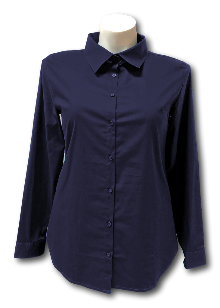 Long Sleeved Stretch Button Up Blouse in Navy Blue Jill Alexander Designs