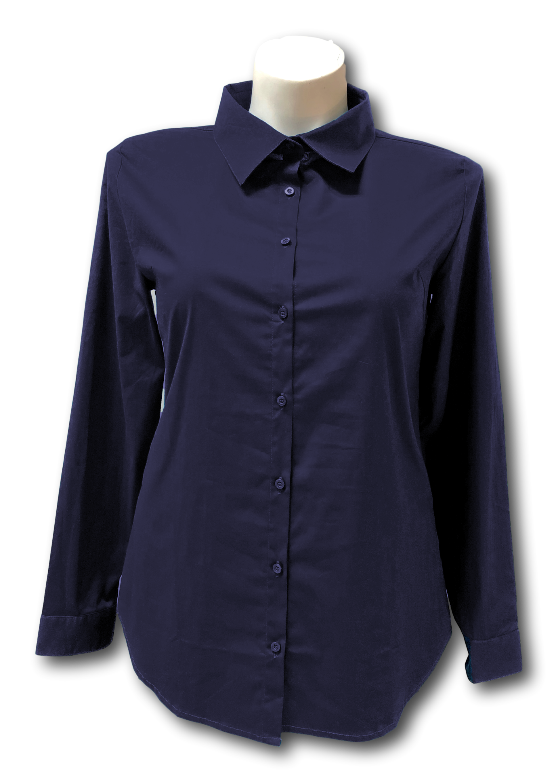 Long Sleeved Stretch Button Up Blouse in Navy Blue – Jill