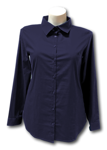 Long Sleeved Stretch Button Up Blouse in Navy Blue