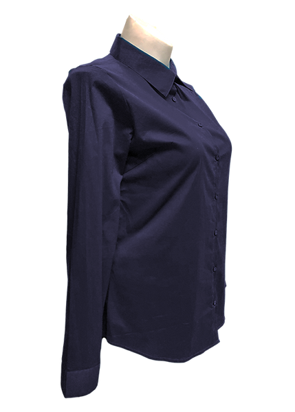 Long Sleeved Stretch Button Up Blouse in Navy Blue