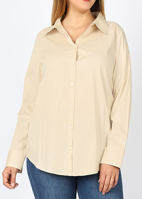 Long Sleeved Stretch Button Up Blouse in Tan