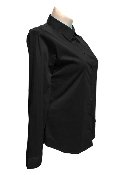 Long Sleeved Stretch Button Up Blouse in Black