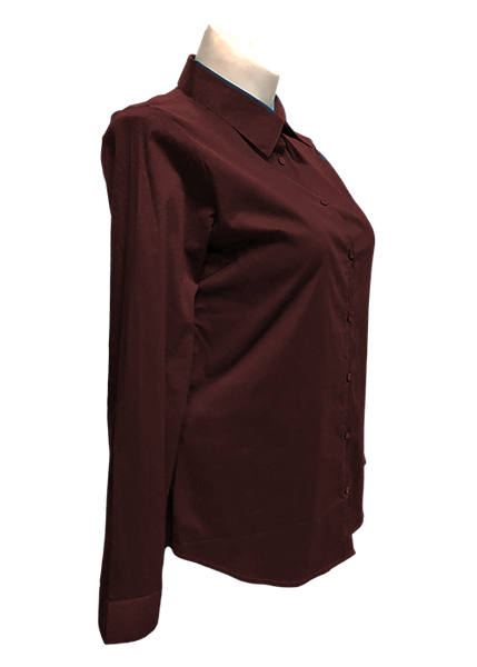 Long Sleeved Stretch Button Up Blouse in Burgundy