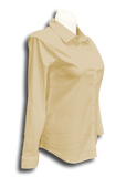 Long Sleeved Stretch Button Up Blouse in Tan
