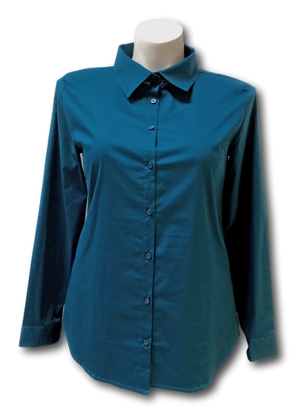Long Sleeved Stretch Button Up Blouse in Teal Green