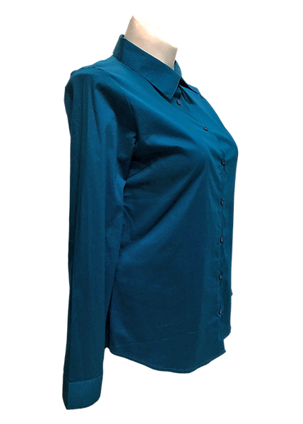 Long Sleeved Stretch Button Up Blouse in Teal Green