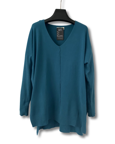 V-Neck Center Seam Viscose Sweater Teal