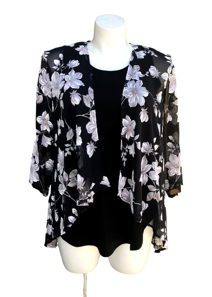 Fly Like a Butterfly Chiffon Kimono Black Jacket with Daisies