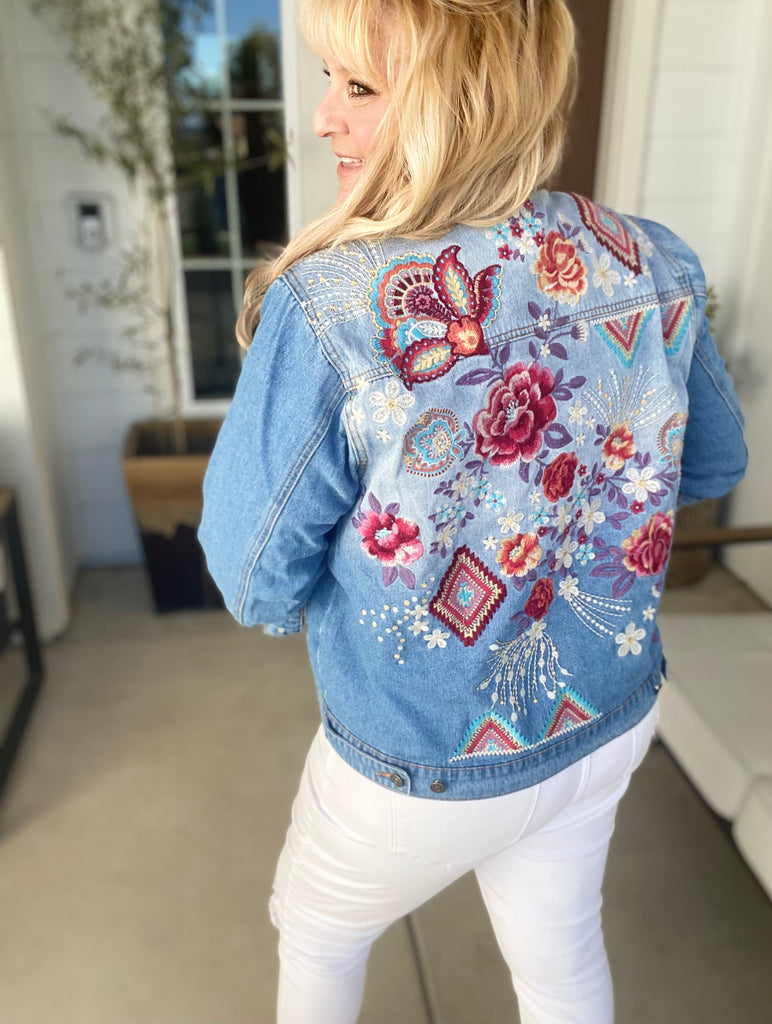 Floral embroidered top denim jacket