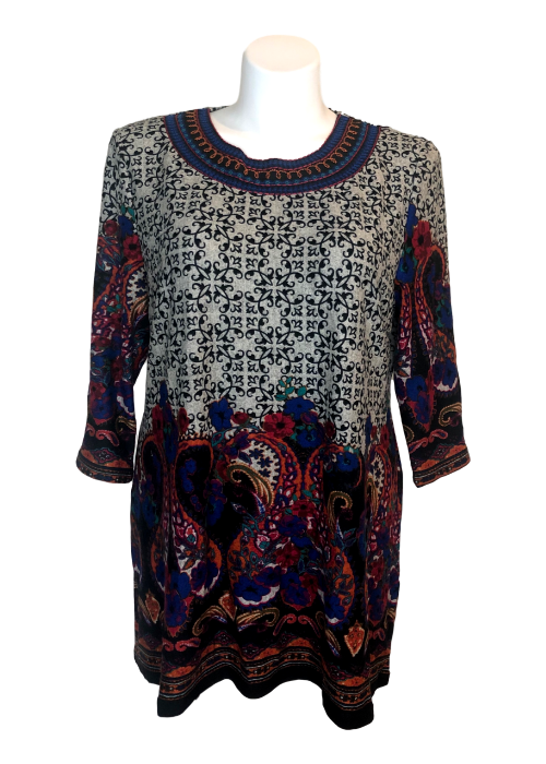 Printed Tunic with Embroidered Neck Line in Black and Gray Multicolor